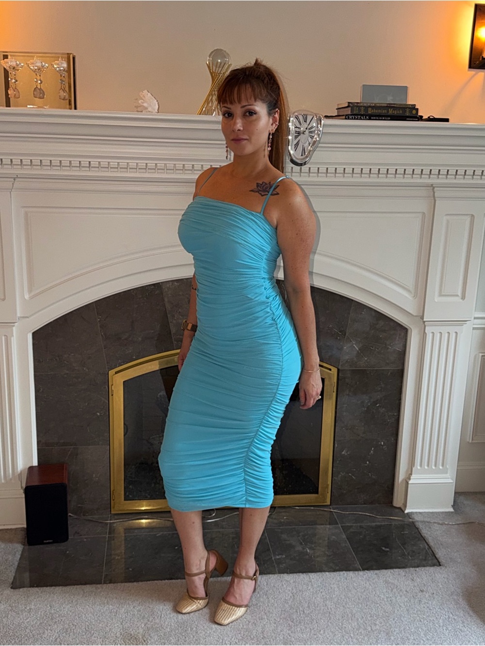 AFRM Hazel Ruched Mesh Midi Dress Turquoise Blue Size S